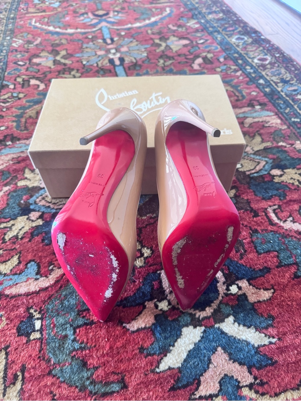 Christian Louboutin Patent Leather Stiletto Pumps in Nude Red Pointed Toe EU 39 - Picture 6 of 6